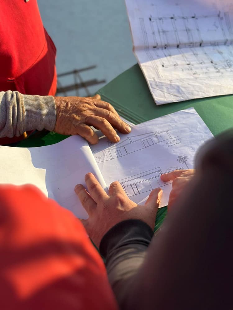 Contractors reviewing construction drawings on site