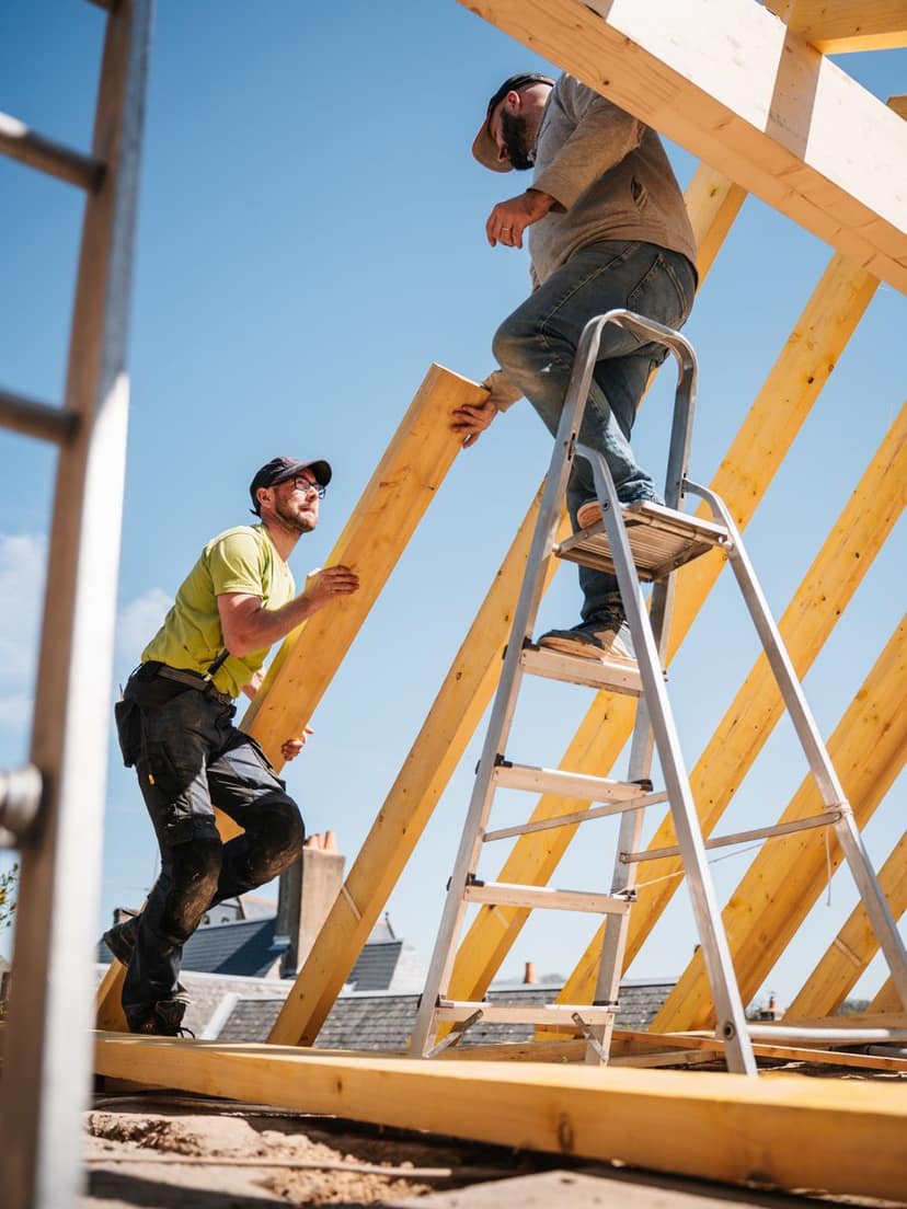 Crew building a roof structure on a job site