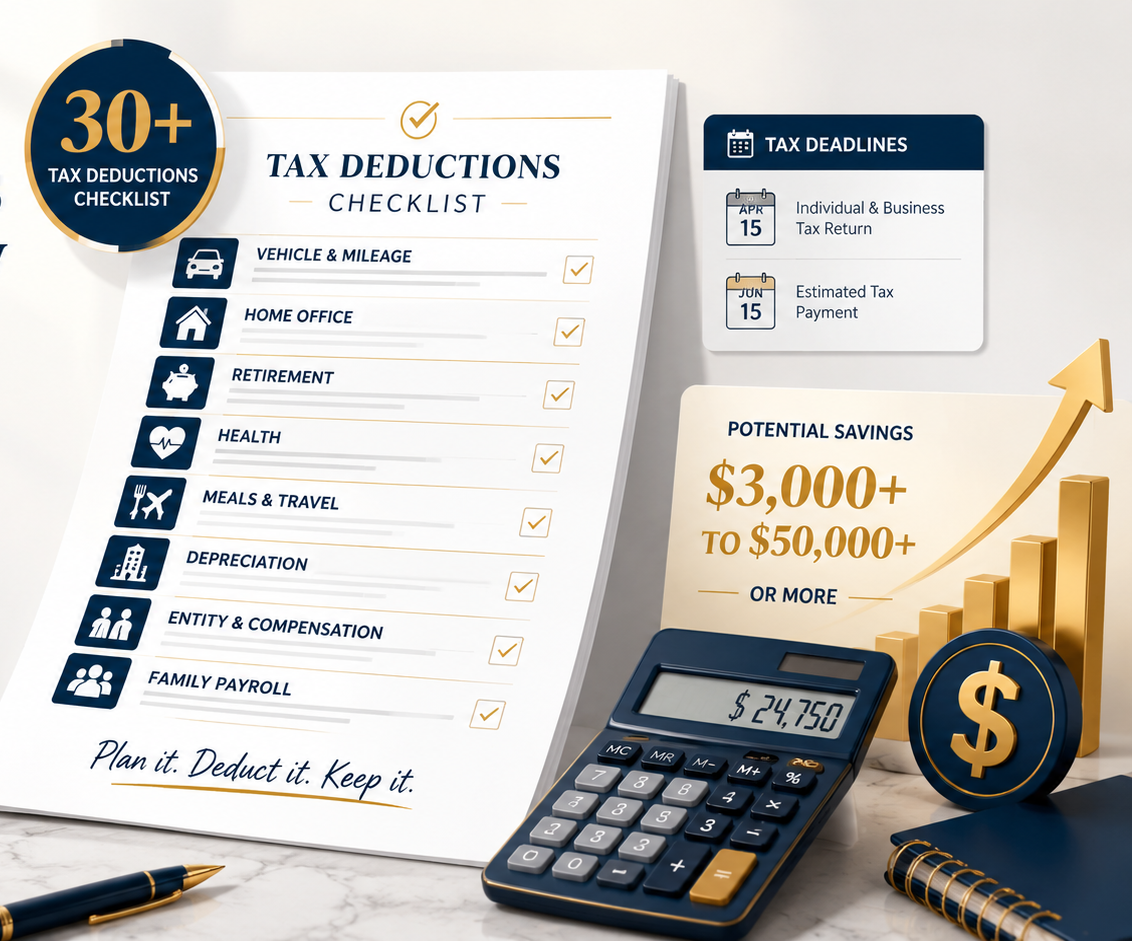 2026 Tax Deductions Checklist preview — 30+ write-offs organized into 5 strategy groups, every 2026 quarterly and filing deadline, and a $3,000 to $50,000+ annual savings range with a sample calculator readout.